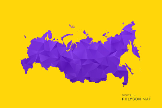 Russia Map - Low poly polygon map in vibrant purple gradient on bold yellow background, modern minimal geometric style, clean digital vector illustration.