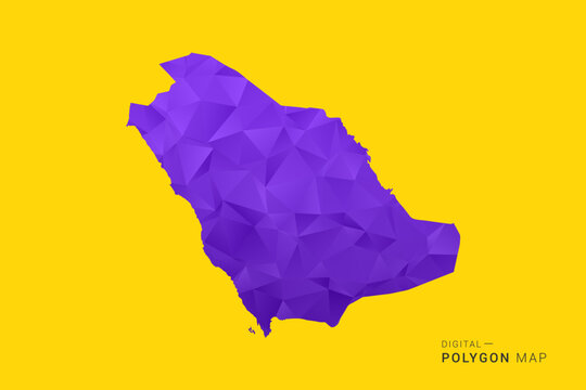 Saudi Arabia Map - Low poly polygon map in vibrant purple gradient on bold yellow background, modern minimal geometric style, clean digital vector illustration.