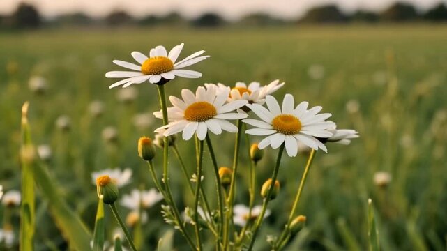 A serene field of white daisies with yellow centers on green stems and blurred trees in the background at sunset