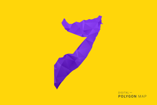 Somalia Map - Low poly polygon map in vibrant purple gradient on bold yellow background, modern minimal geometric style, clean digital vector illustration.