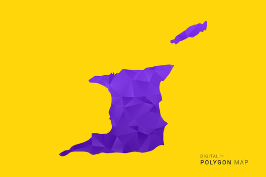 Trinidad and Tobago Map - Low poly polygon map in vibrant purple gradient on bold yellow background, modern minimal geometric style, clean digital vector illustration.