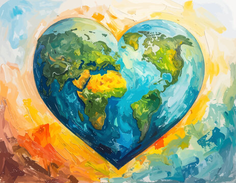 Earth World Globe in Heart Shape Painted with Vibrant Oil Colors
