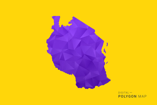 Tanzania Map - Low poly polygon map in vibrant purple gradient on bold yellow background, modern minimal geometric style, clean digital vector illustration.