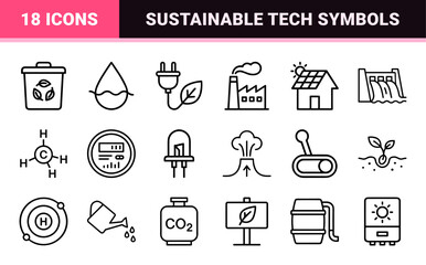 Fototapeta premium Sustainable Energy and Green Technology Ecosystem Ultra-Minimalist Monoline Geometric Line Art Icon Set for Commercial Stock Interface Design