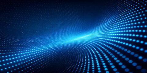 Fototapeta premium Abstract background featuring a flowing wave of glowing blue dots in a deep dark digital space