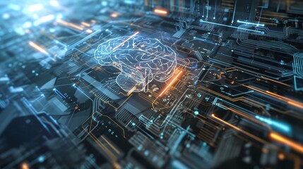 Fototapeta premium Futuristic Digital Brain with Circuit Board and Neon Lights