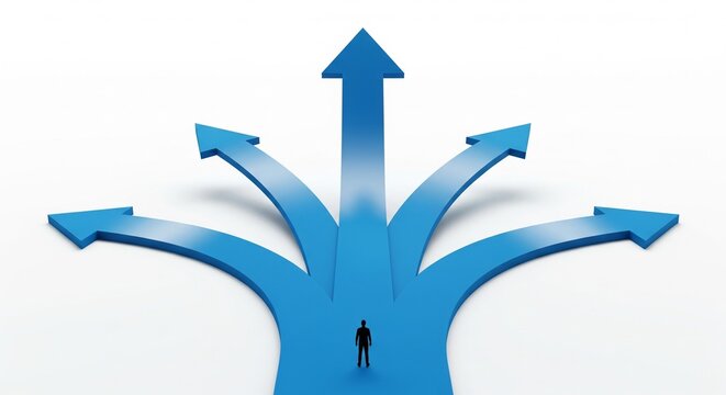 Man Standing at Crossroads with Multiple Blue Arrows Pointing in Different Directions, Decision Making Concept, 3D Render Stock Image