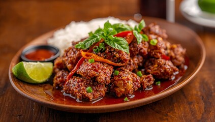 Fototapeta premium Savory Crispy Fried Chicken Wings with Rice and Lime on Wooden Plate