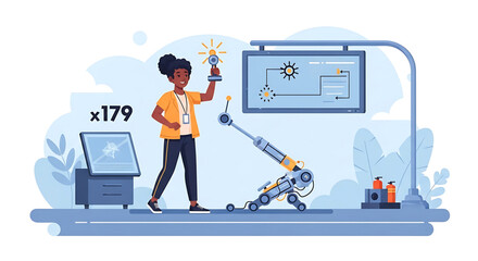 A diverse engineer standing next to a robot with a lightbulb in hand, surrounded by technical diagrams and equipment in a modern workshop.