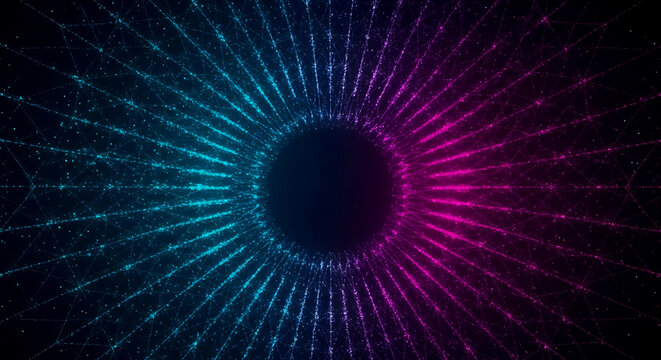 A colorful, radiant tunnel of light with blue and pink rays on a dark background