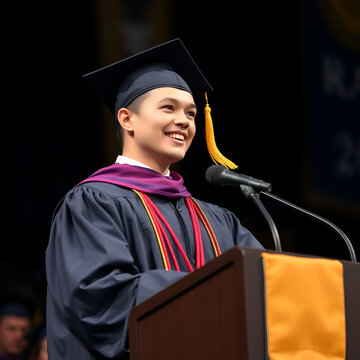 Graduate delivering inspiring valedictorian speech during commencement ceremony in graduation gown and cap with passion