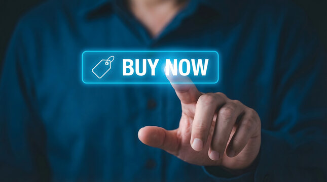 A persons index finger is poised to press a bright glowing blue digital Buy Now button on a dark background signifying immediate online purchase actio