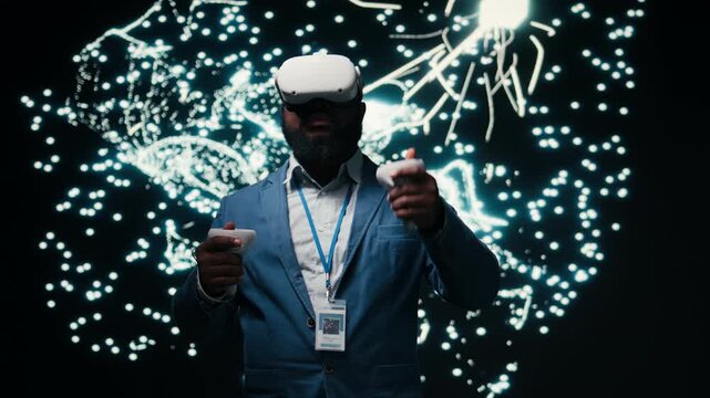 Software developer monitoring AI cognitive systems using VR headset gear. African american man using virtual reality simulation to study neural network nodes activity, camera A