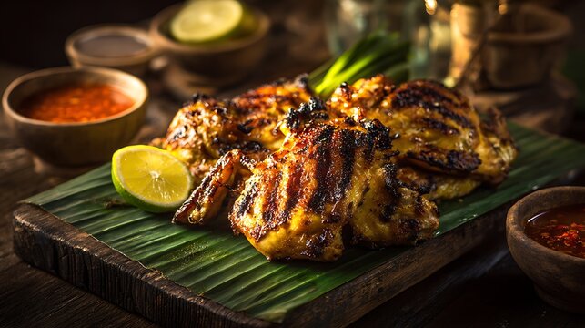 A whole kati kati grilled charcoal chicken &mdash; slightly charred skin with irregular grill marks and deep golden coloring 