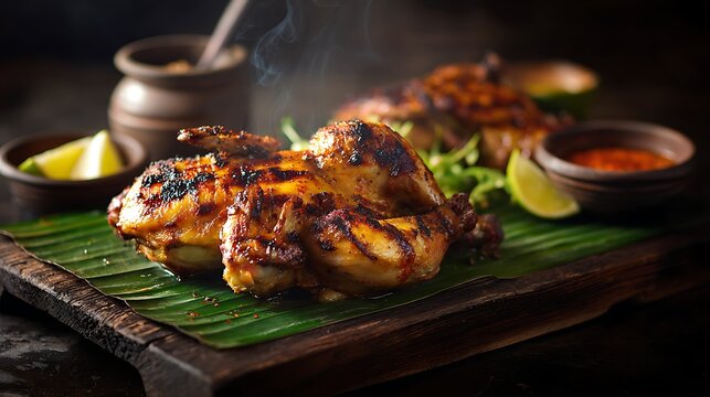 A whole kati kati grilled charcoal chicken &mdash; slightly charred skin with irregular grill marks and deep golden coloring 