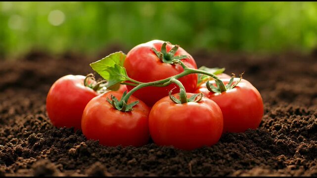 Vibrant bunch of fresh, sun-ripened red tomatoes nestled on dark, fertile garden soil in a natural outdoor farm environment.