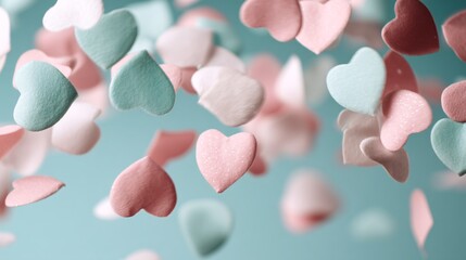 Fototapeta premium heart-shaped confetti floating in air, dreamy pastel color palette, creative macro photography, soft-focus lens effect