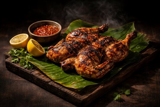 A whole kati kati grilled charcoal chicken &mdash; slightly charred skin with irregular grill marks and deep golden coloring 