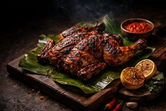 A whole kati kati grilled charcoal chicken &mdash; slightly charred skin with irregular grill marks and deep golden coloring 