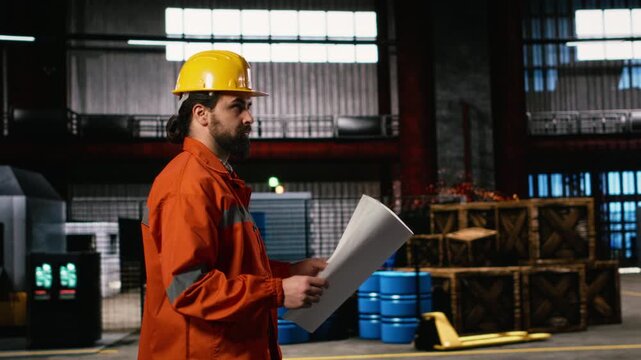 Man engineer, studying blueprints, sketches and layout plans, machinery hall. Industrial space filled with metalwork, heavy equipment and advanced technology guiding the manufacturing process.