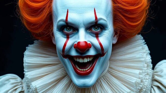 Closeup of a clown with orange hair