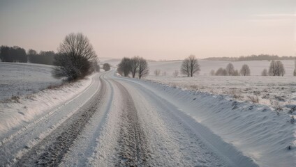 Obraz premium Snowy road through winter landscape with trees and fields under a pale sky.
