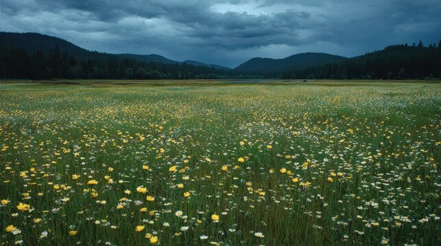 Stunning meadow of wildflowers under dramatic stormy sky in the mountains