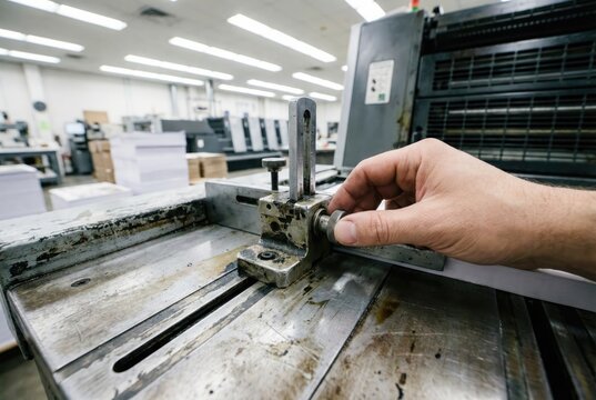 Printing press operator adjusting side lay paper guide on industrial offset machine