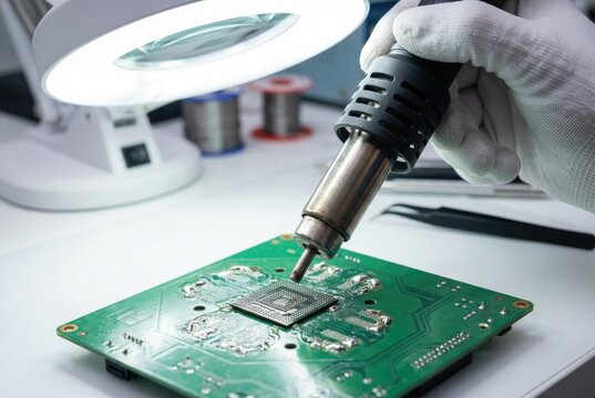 Electronics technician using hot air soldering gun to rework microchip on green circuit board