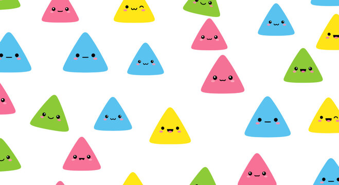 Playful background featuring colorful kawaii triangles with expressive facial emotions