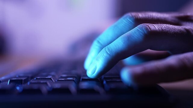 Typing, Keyboard, Programmer, Hacker, Cyber Security, Coding, Neon, Blue, Purple, Hands, Technology, Night Work, Gamer, Cinematic, 4K, Close Up, Macro, Freelancer, Software Developer