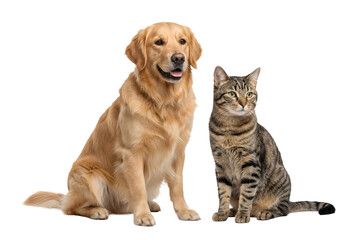 Obraz premium Dog and cat sitting side by side isolated on black background, cute pet portrait with calm expressions, realistic animals, high quality cutout PNG for design use