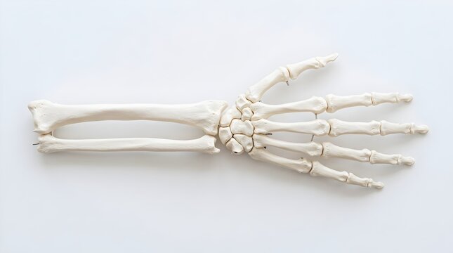 Human hand skeletal model on white background detailed anatomy