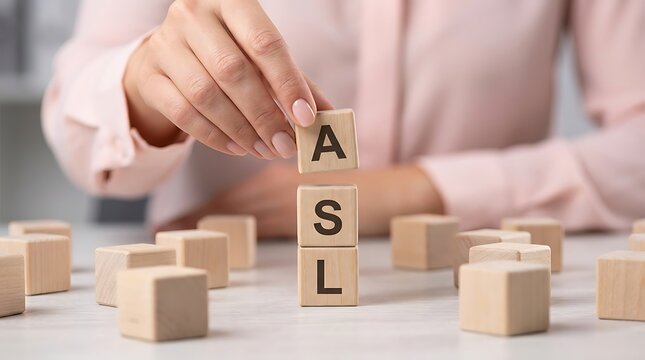 Asl american sign language concept with wooden blocks spelling out the acronym, used by deaf and hard of hearing community, hearing impaired