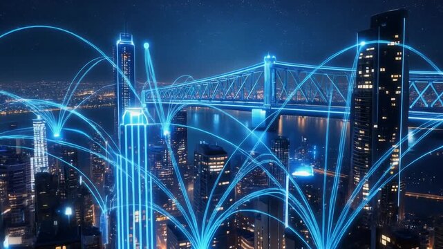 Cityscape with blue light trails at night.