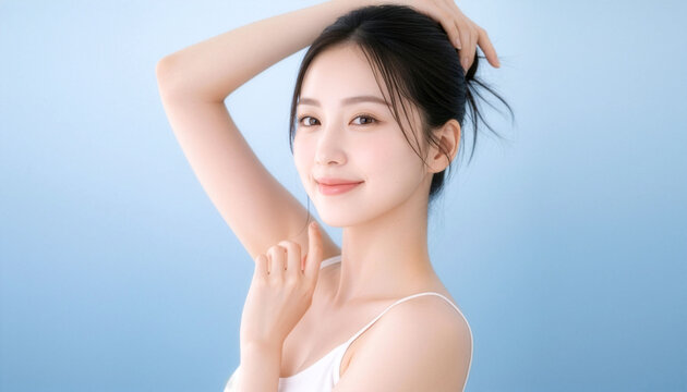 清潔感のある若い女性のビューティーポートレート、髪をまとめてうなじと腕を見せるスキンケア・ボディケア広告向けの透明感イメージ