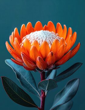 A stunning close-up of a vibrant orange Protea flower against a teal backdrop.