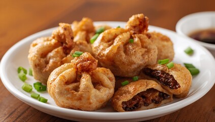 Fototapeta premium Golden Fried Dumplings Filled with Savory Meat and Vegetables on White Plate