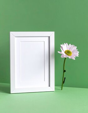 A clean white picture frame stands beside a single daisy against a green background.