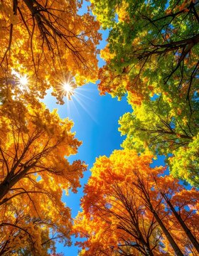 Looking up through vibrant autumn foliage towards a bright blue sky with sun flares.
