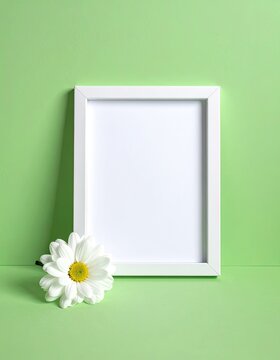 A white photo frame and a daisy on a pastel green background.