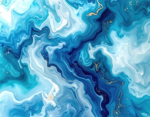Obraz premium Abstract fluid art with swirling blue and white patterns and gold accents.