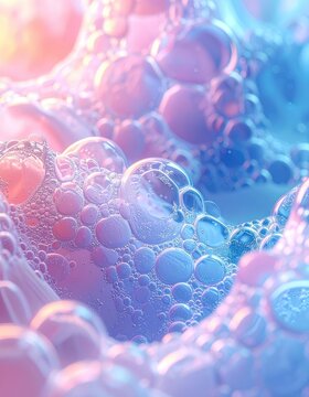 A close-up abstract view of iridescent bubbles with pink and blue hues.
