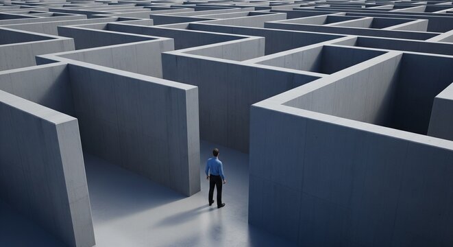 Man Standing in Complex Concrete Maze Labyrinth, Facing Uncertainty and Decision Making, Business Strategy Concept, Photorealistic Stock Image
