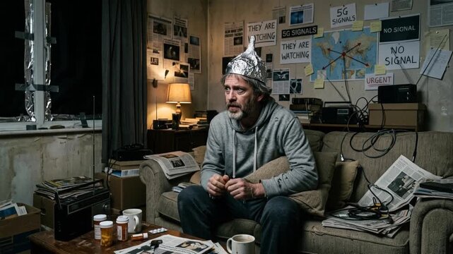 Conspiracy theorist wearing tinfoil hat in cluttered room with evidence board depicting paranoid investigation, alternative research and obsessive quest for hidden truths amid chaotic workspace
