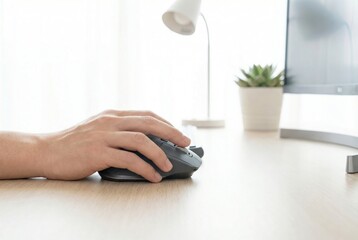 Fototapeta premium Hand of a person using a grey ergonomic wireless computer mouse on a light wooden desk next to a monitor
