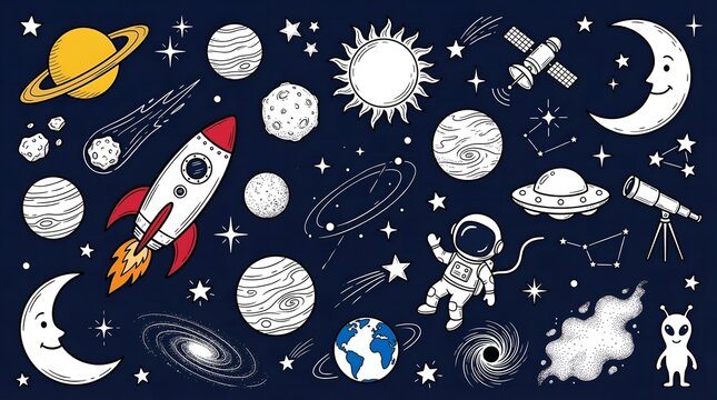 Hand drawn doodle of space exploration with planets stars and astronauts in a cosmic background