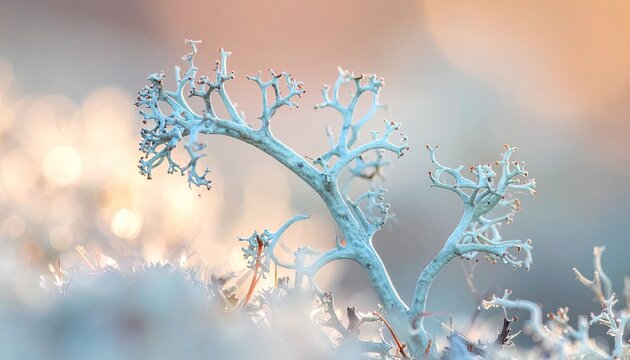 Close-up of delicate reindeer lichen branches against a soft, blurred background.