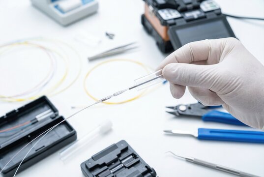 Technician wearing white gloves using a fusion splicer tool to connect fragile fiber optic cables