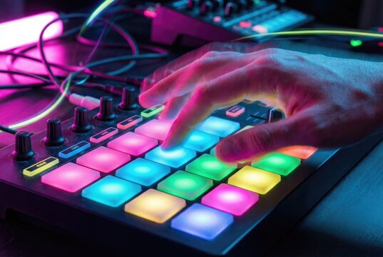 Hand of a music producer tapping colorful illuminated pads on a midi controller and sampler